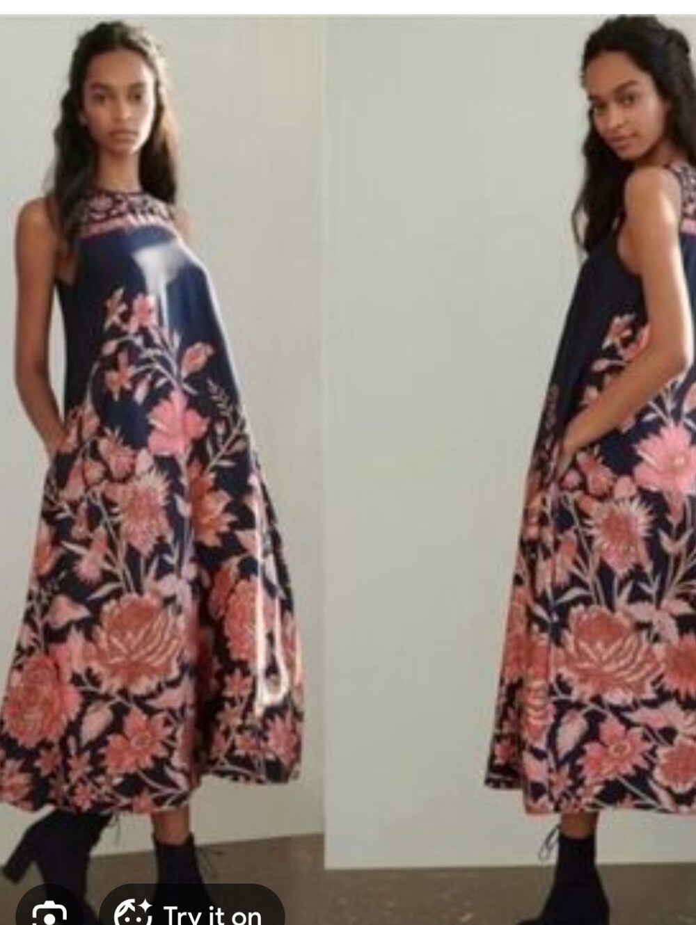 Anthropologie Navy Blue Floral Midi Dress with Pink Coral Print